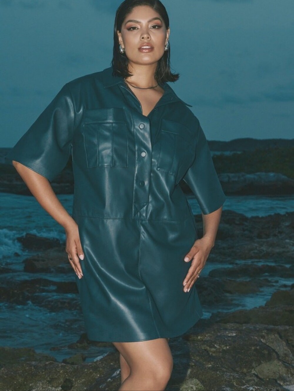 Eloquii Boxy Faux Leather Shirt Dress Navy Midnight Blue
